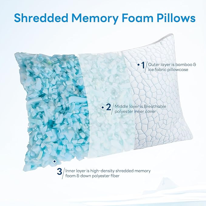 Cooling Gel Memory Foam Pillows, Hypoallergenic Dual-Sided Pillowcase Bed Pillows with Washable Cover, Adjustable Pillows Height for Side, Back and Stomach Sleepers, Queen, 50x76cm