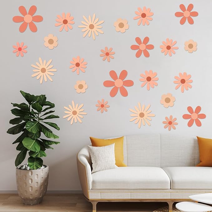 Daisy Wall Decals Flower Wall Stickers, Big Daisy Stickers Floral Decor Peel and Stick for Girls Kids Bedroom Nursery Playroom Living Room (Warm Color)