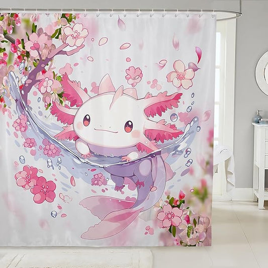 Feelyou Boys Girls Cute Axolotl Bathroom Shower Curtain Set Ocean Sealife Bath Curtain Kawaii Shower Curtain Kids Cartoon Salamander Teens Bathroom Accessories Room Decor 72"x72"
