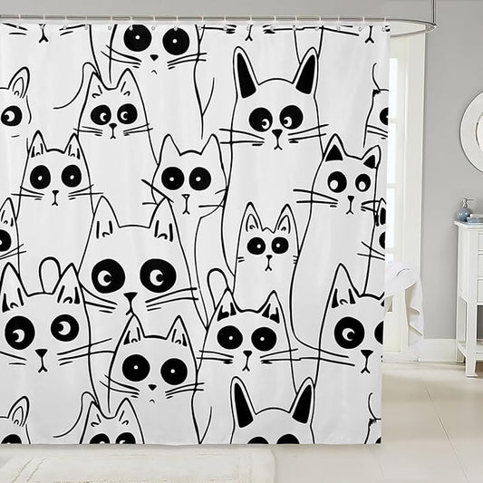 Feelyou Cat Bathroom Shower Curtain Set Cute Cat Bath Curtain for Kids Boys Girls Cartoon Cat Shower Curtain Kids Cat Kids Bathroom Accessories 72"x72"