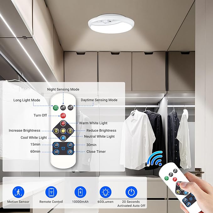 Rechargeable Motion Sensor Light with Remote,7.5inch 600LM 10000mAh Battery Powered Ceiling Light Motion Sensor Battery Operated Lights indoor,Battery Pir Light for Loft Garage Hallway Bathroom-2Pack