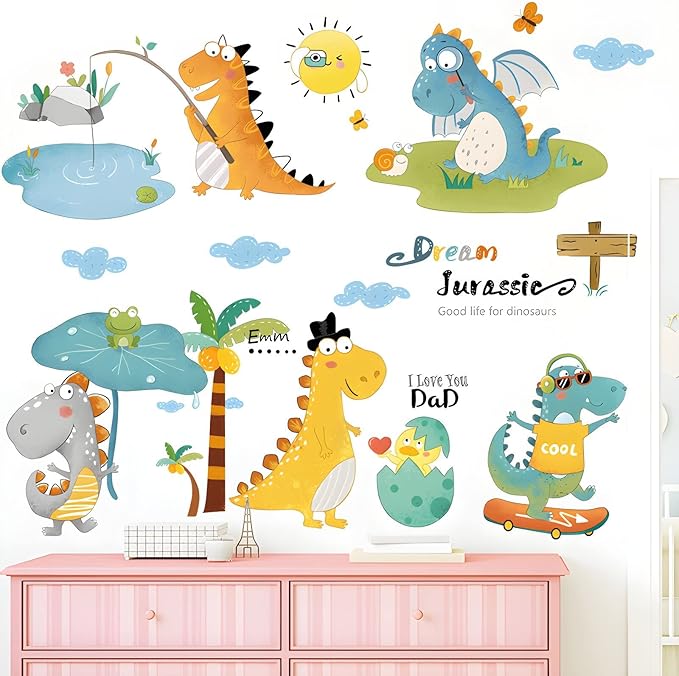 Cartoon Dinosaur Wall Decals Fishing T-Rex DIY Wall Stickers for Boys Kids Room Bedroom Baby Nursery Decor