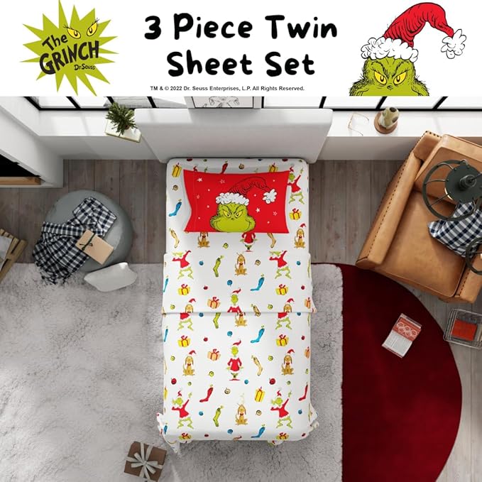 Franco Collectibles Dr. Seuss The Grinch Holiday & Christmas Bedding Super Soft Microfiber 3 Piece Twin Sheet Set, (Officially Licensed Product)