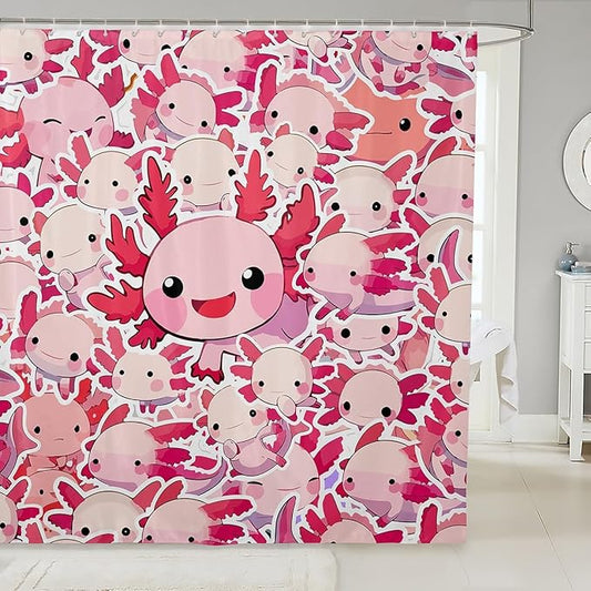 Feelyou Boys Girls Cute Axolotl Shower Curtain Ocean Sealife Bathroom Shower Curtain Set Kids Cartoon Salamander Bath Curtain Kawaii Teens Bathroom Accessories Room Decor 72"x72"
