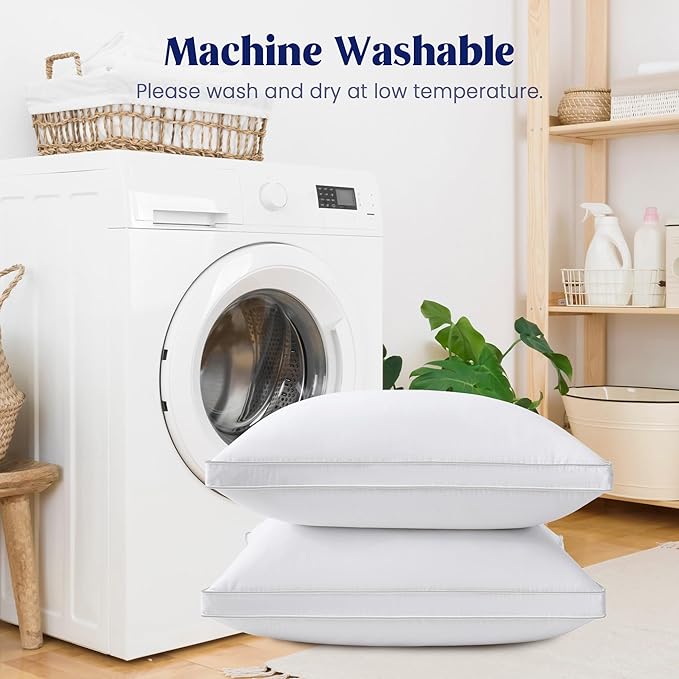 puredown® Feather Pillows with 100% Cotton Cover, Set of 2 Gusseted Bed Pillows with Silver Piping for Sleeping, Standard Size