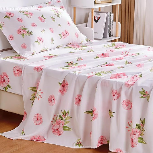 Twin Sheets Set White Pink Floral Bed Sheets Set Girls Cute Microfiber Cooling Sheets 3 Pieces Kids Twin Size Bed Set Wrinkle Free, 15 inch Deep Pocket Fitted Sheet, Flat Sheet, Pillowcase