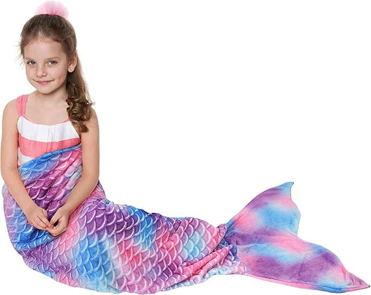 Catalonia Kids Mermaid Tail Blanket, Super Soft Plush Flannel Sleeping Snuggle Blanket for Girls, Rainbow Tie-dye, Fish Scale Pattern, Gift Idea