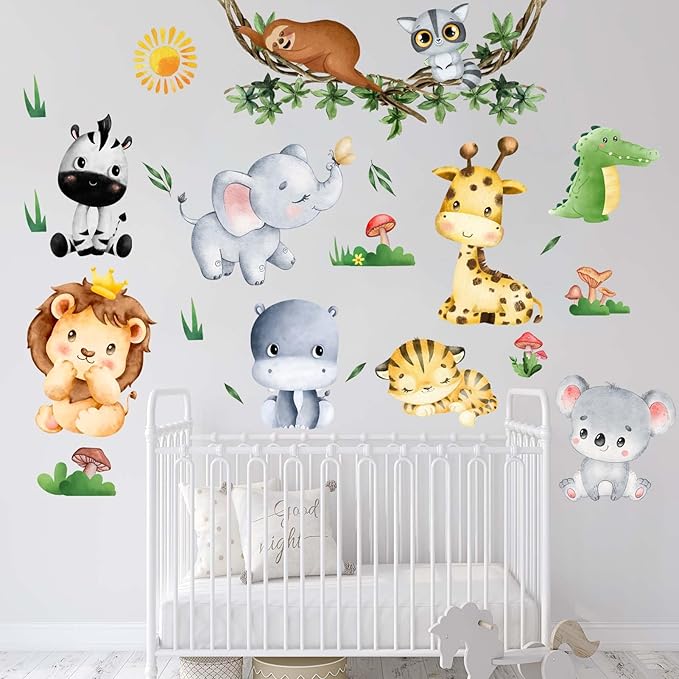 Jungle Baby Animals Wall Stickers - Elephant Lion Tiger Giraffe Wall Decals - Nursery Kids Girls Boys Room Daycare Playroom Classroom Wall Decor