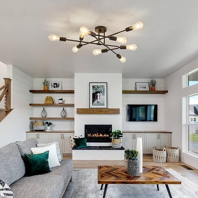 ZGLAOJT Black Semi Flush Mount Ceiling Light Fixture,9 Light Modern Metal Chandelier,Ceiling Light for Kitchen Farmhouse Island Dining Room Bedroom