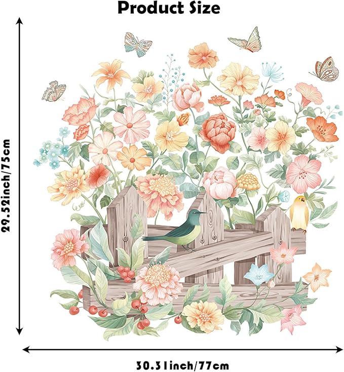 Watercolor Flowers Wall Decals Removable Spring Floral Butterfly Bird Wall Stickers Girls Bedroom Living Room Nursery Wall Decor