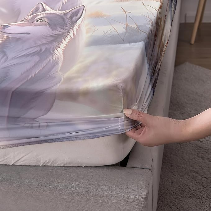 AILONEN Wolf Fitted Sheet Set Queen Snow Wolf Bed Sheet Set, Wolfmother and Wolf Pups Theme Bedding Set 3 Pieces Wildlife Wolf Sheet Set for Boys Girls,1 Fitted Sheet with 2 Pillowcases