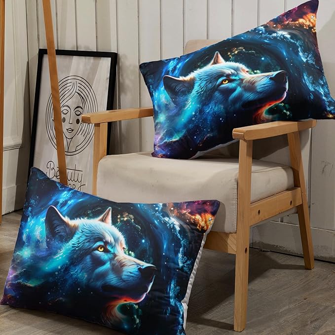 AILONEN Wolf Fitted Sheet Set Full Size, Space Galaxy Wolf Bed Sheet Set for Boys Girls,Howling Wolf Safari Wolf Breathable Fitted Sheet and 2 Pillowcases,3 Pieces