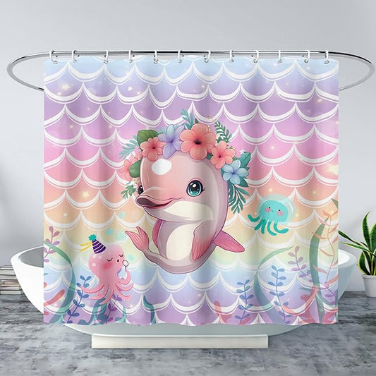 AILONEN Cute Dolphin Shower Curtain,Beautiful Sea World Theme Bath Curtain Cloth Fabric Bathroom 72" W*96" H Inch,12 Pack Hooks for Kids Child Cute Pink Dolphin Sea Animal Bathroom Curtain