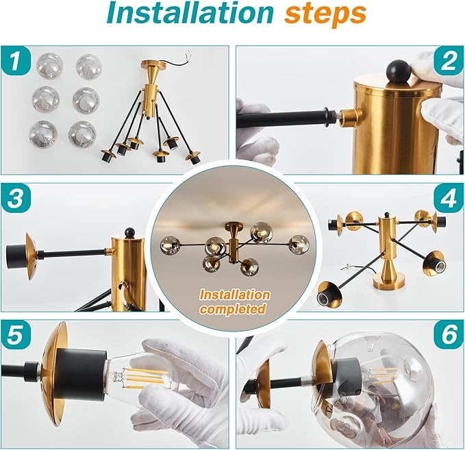 Modern Semi Flush Mount Ceiling Light Fixture 6-Light Sputnik Gold Chandelier with Glass Globe Mid Century Ceiling Lighting for Dinning Room Farmhouse Kitchen Bedroom Living Room.