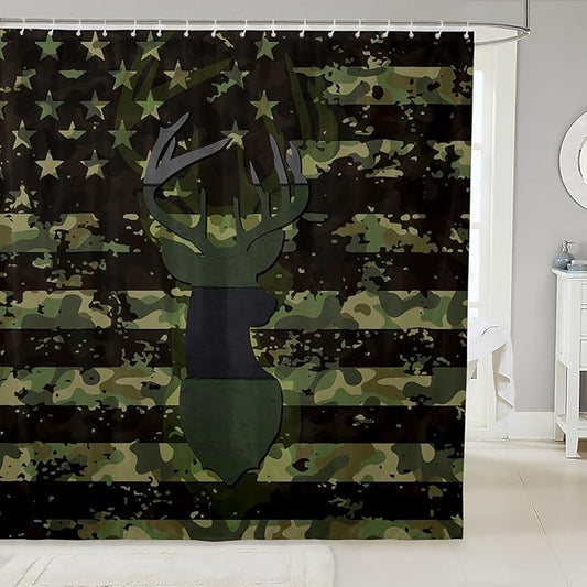 Feelyou Deer Bath Curtain Cute Deer Shower Curtain American Flag Bathroom Shower Curtain Set for Kids Toddler Boys Girls Deer Hunting Kids Bathroom Accessories 72"x84"
