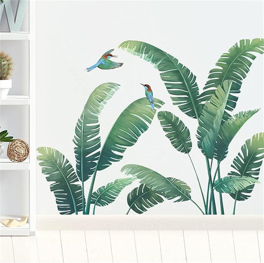 Green Plant Wall Stickers, Tropical Rainforest Monstera Leaf Decal Natural Palm Leaves Nordic Green Leaf Plants Banana Leaf Bird Wall Mural Bedroom Living Room Office Decoration Wallpaper… (plant1)