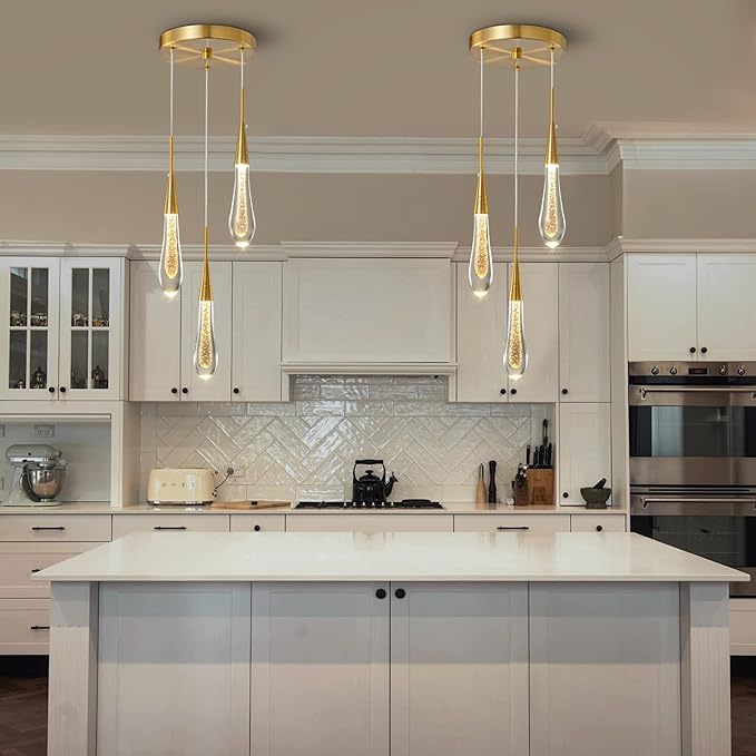 LMQNINE Kitchen Light Fixtures Ceiling Dimmable LED Modern Gold Pendant Light Mini Teardrop Crystal Pendant Light for Kitchen Island Bedroom Hallway Entryway (3-Light)