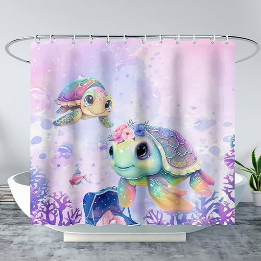AILONEN Kawaii Sea Turtle Shower Curtain,Tie Die Ocean Animal Themed Bath Curtain Cloth Fabric Bathroom 48" W*72" H Inch,12 Pack Hooks for Kids,Sea Animal with Treasure Box Bathroom Curtain