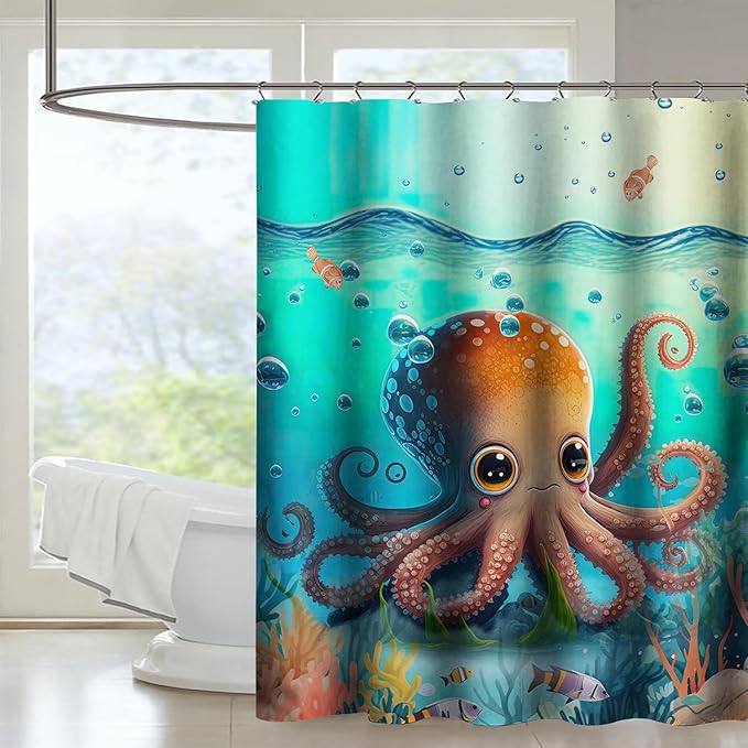 AILONEN Cute Cartoon Octopus Shower Curtain,Beautiful Sea World Theme theme Bath Curtain Cloth Fabric Bathroom 60" W*72" H Inch,12 Pack Hooks for Kids Child Sea Animal Bathroom Curtain