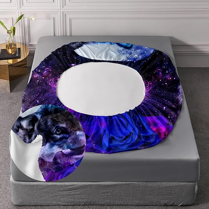 AILONEN Wolf Print Fitted Sheet Set Queen Size, Moon Galaxy Wolf Bed Sheet Set Queen,3 Pieces Queen Romantic Blue Rose Wolf Fitted Sheet with 2 Pillowcases