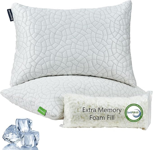 Cooling Pillows for Sleeping, Shredded Memory Foam Pillows 2 Pack, Bed Pillows Queen Size Set of 2, Adjustable Loft Soft or Firm Pillow for Side Back Stomach Sleepers with Cooling Cover