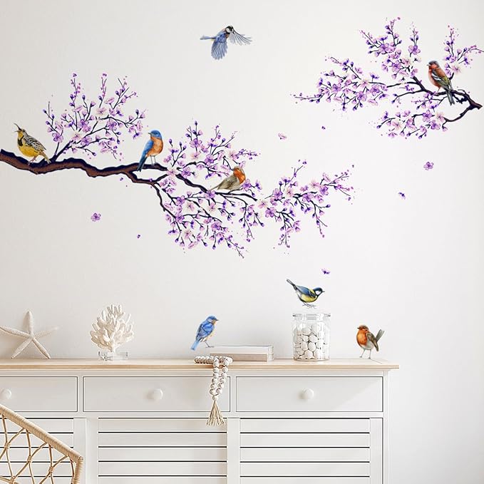 Birds On Tree Wall Decals Purple Flower Wall Stickers Colorful Birds Decals DIY Removable Colorful Flying Bird Tree Wall Art Decor for Kids Baby Bedroom Living Room Nursery Office