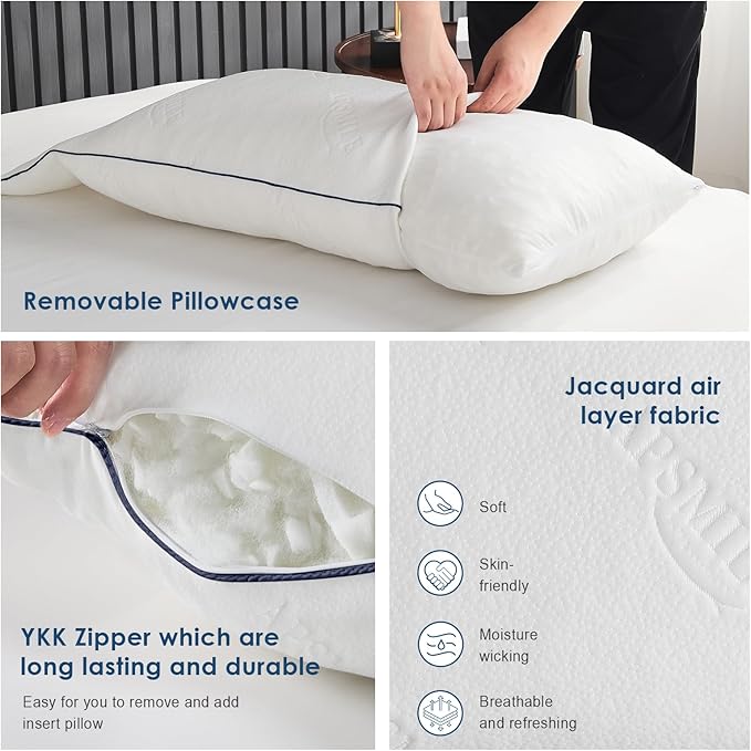 APSMILE Shredded Memory Foam Pillows Queen Size, Adjustable Luxury Cooling Pillows for Neck Pain, Hotel Firm Bed Pillows for Sleeping, Essentials for Side/Back Sleeper (White,18"x28")