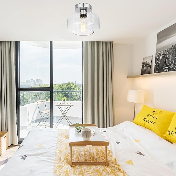 Industrial Semi Flush Mount Ceiling Light Brushed Nickel, 900 Lumen LED Bulb Included, Clear Glass Shade Ceiling Light Fixture, Farmhouse Light Fixture for Hallway Corridor Kitchen Bathroom Bedroom