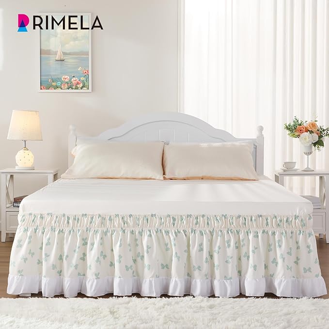 RIMELA White Elastic Bed Skirt King Szie 16 inch Drop, Cal King Bedskirt Easy to Put On, Solid Wrap Around Dust Ruffle, Fade Resistant Silky Fabric Machine Washable