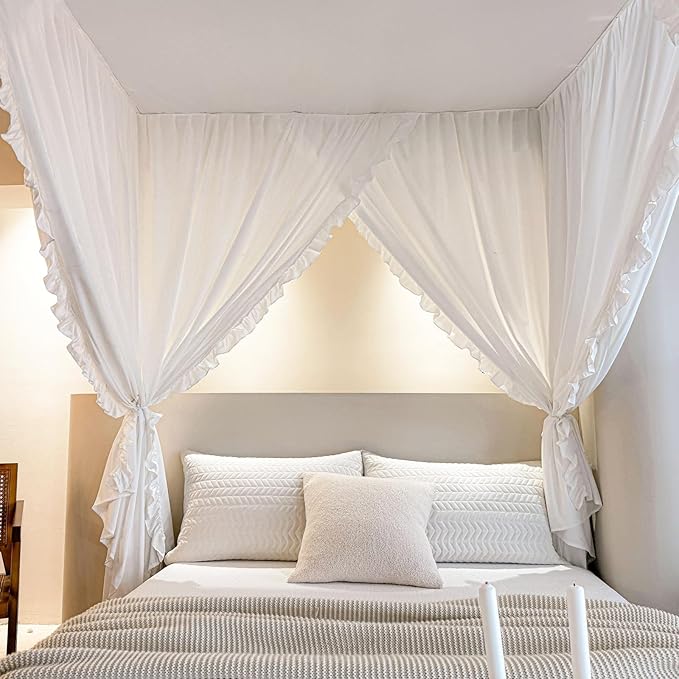 AIKASY Princess Canopy Bed Curtains with Top Ties - Windproof & Lightproof for Girls' Adult Bedroom Decor | Bed Canopy Drapes (King,White)