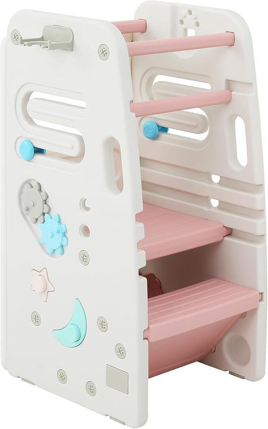 SDADI Multifunctional Toddler Tower with Double Safety Rails - Adjustable & Non-Slip for Kitchen and Bathroom Use - Montessori Step Stool for Kids, Beige and Pink