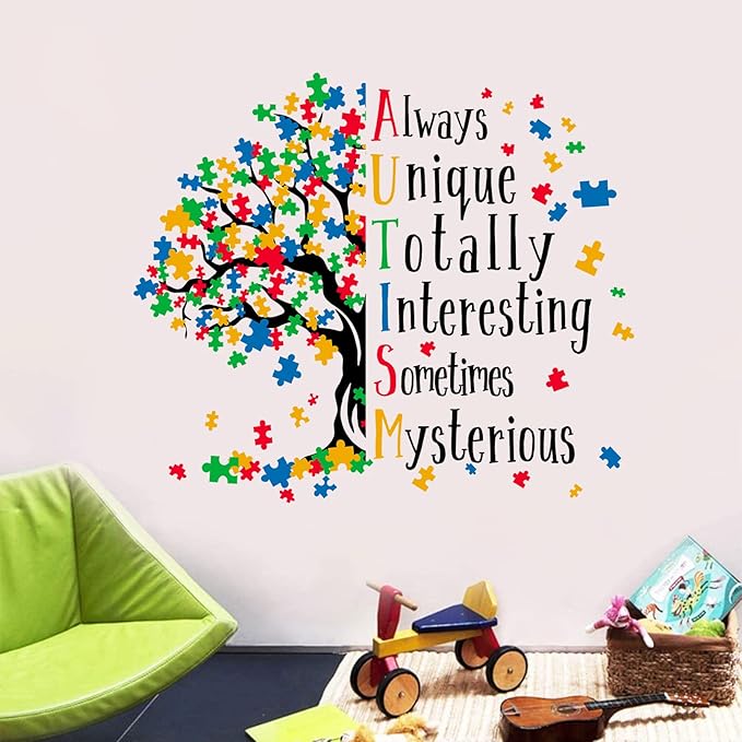 Mfault Autism Awareness Day Inspirational Sign Wall Decal Sticker, Positive Puzzle Piece Tree Colorful Nursery Classroom Decoration Baby Bedroom Art, Autistic Spectrum Motivational Kid Room Decor Gift