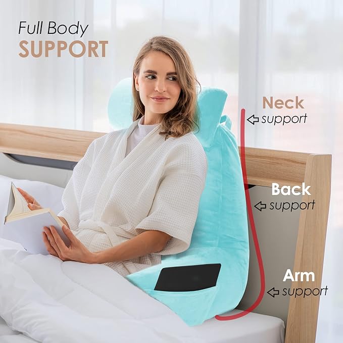 Nestl Reading Pillow Large Bed Pillow, Back Pillow for Sitting in Bed Shredded Memory Foam Chair Pillow, Reading & Bed Rest Pillows Light Blue Back Pillow for Bed, Bed Chair Arm Pillow with Pockets