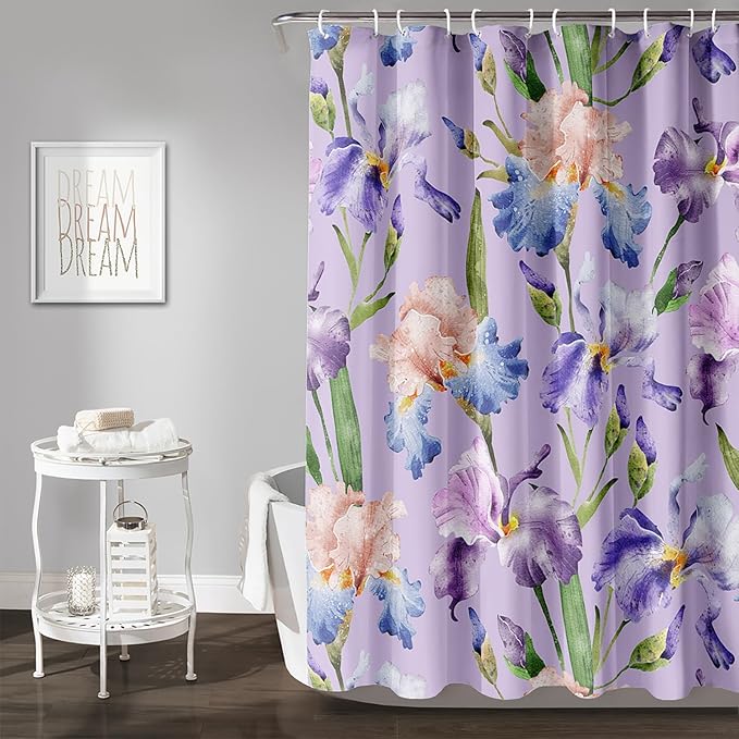 AILONEN Floral Shower Curtain, Pretty Purple Iris Pattern Shower Curtain Set for Girls Boys Teens Kids,Fantasy Vintage Flower Fabric Shower Curtains for Bathroom,72" W*96" H