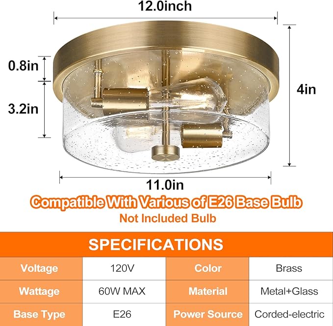 Flush Mount Ceiling Light Fixtures, 2-Light Brass Ceiling Mount for Farmhouse with Seeded Glass Lampshade, Industrial Hall Flush Mount Light Fixture for Hallway, Kitchen, Entryway, Bedroom and Foyer