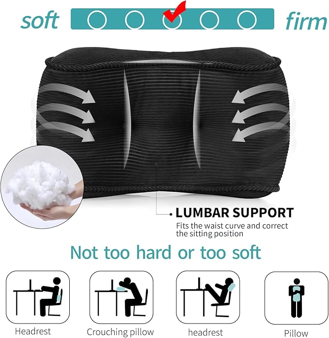 Lumbar Support Pillow for Office Chairs, Back Support Pillow for Lower Back Pain Relief, Soft & Good Support Corduroy Desk Lumbar Cushion, 17.5"x10"x5.5", Medium(Black