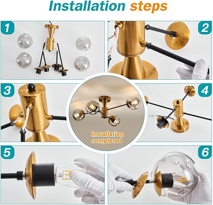 Modern Semi Flush Mount Ceiling Light Fixture, 4-Light Gold Mid Century Chandelier with Glass Globe,Ceiling Lighting for Dinning Room Farmhouse Kitchen Bedroom Living Room.