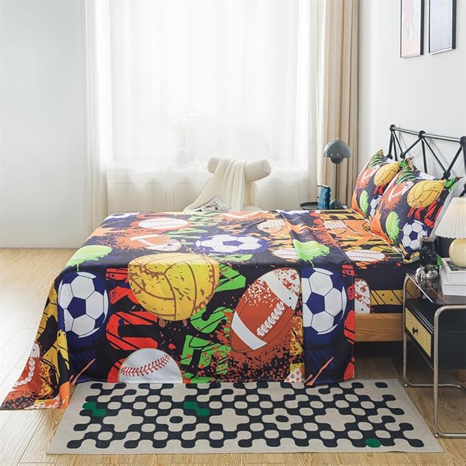 qjmiaofang Sports Sheets Queen for Boys Football Sheets Kids Sports Bed Sheets 4Pieces Baseball Sheets Sport Bed Set with Basketball and American Football Fitted Sheet Flat Sheet Set