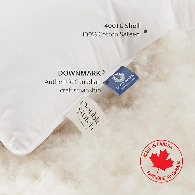 Double Stitch Luxury US White Down Pillow - Made in Canada, 400 Thread Count 100% Cotton Shell, Firm 700 Fill Power Down Bed Pillow, Soft Sleeping Pillow 3-Chamber, Standard(20" x 26") 