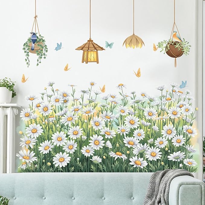 White Daisy Kicks Wall Decals Flowers Wall Corner Stickers Garden Floral Butterflies Baseboard Skirting Line Wall Stickers for Baby Kids Girls Bedroom Living Room Corners Skirting Lines Waist Lines