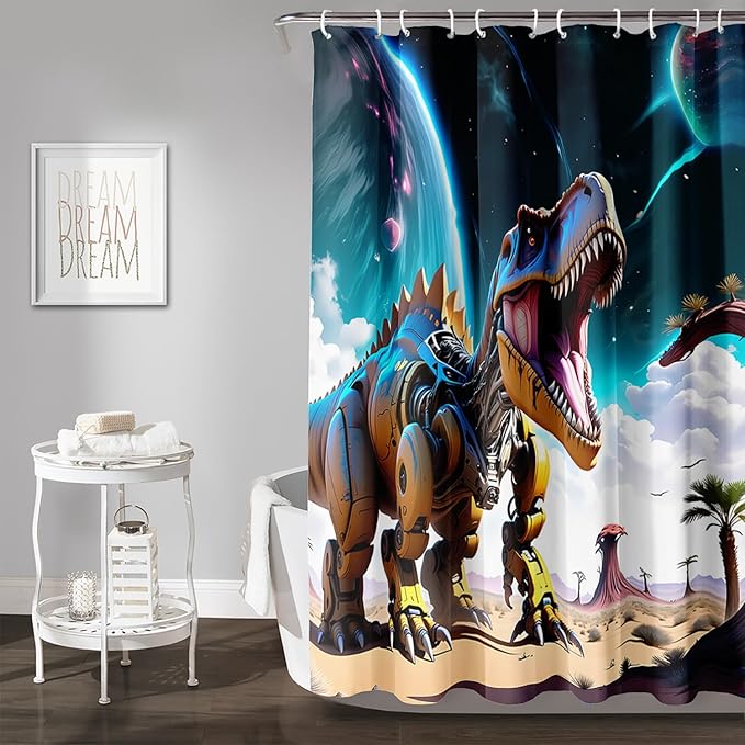 AILONEN Dinosaur Shower Curtain for Kids Boys Teens.Sky Blue Planet Dinosaur Bath Curtain for Bathroom,Machine Dinosaur Curtain Modern Polyester with 12 Plastic Hooks 48" W*72" H