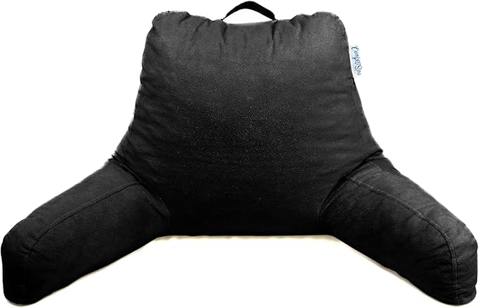 ComfortSpa Reading Pillow for Bed Adult Size, Back Rest Pillow with Arms, Pockets, Washable Cover; Use as Back Pillow for Bed Sitting Up for Bedrest or Relief from GERD Heartburn (Large Black)