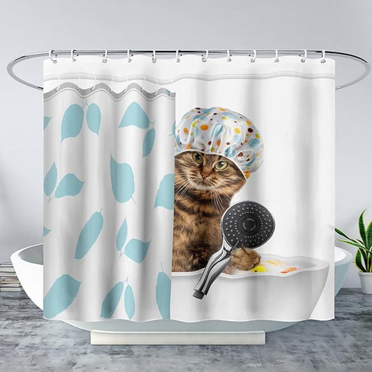 AILONEN Funny Cat with Shower Cap Shower Curtain for Kids 72" W*72" H Inch,Cute Kitten Taking Shower Bathroom Curtain,12 Pack Hooks Polyester Waterproof Fabric Decor for Bathroom,Blue