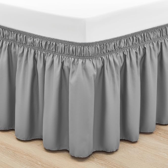 Rimela Grey Bed Skirt Full 12 Inch Drop,Wrap Around Elastic Bed Skirts Full Size Dust Ruffle, Light Gray Bedskirt for Adjustable Bed Base Solid Wrinkle and Fade Resistant Silky Fabric Machine Washable