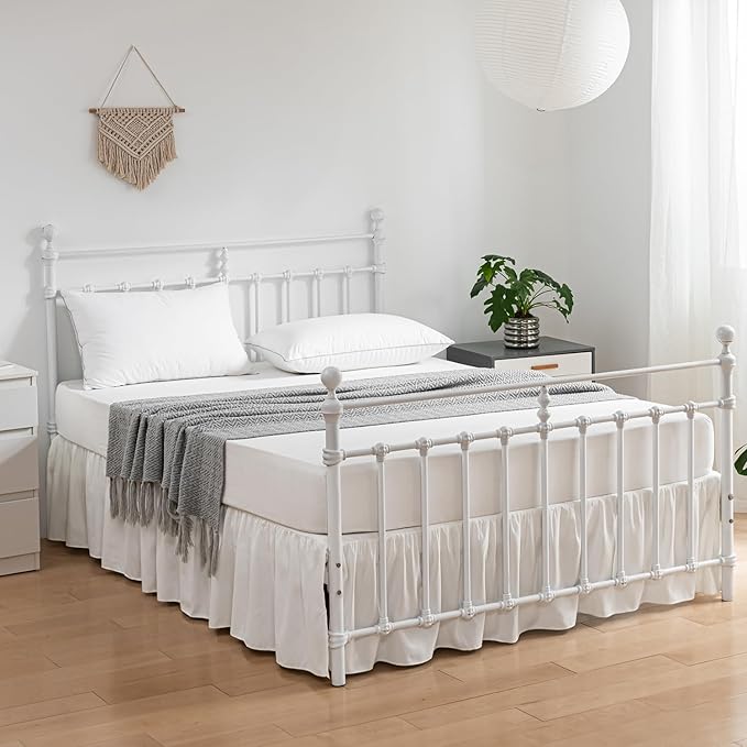 Bed Skirt Ruffled Bed Skirt with Split Corners, 18 Inch Drop Dust Ruffle Bed Skirt with Platform, Ivory,King Size