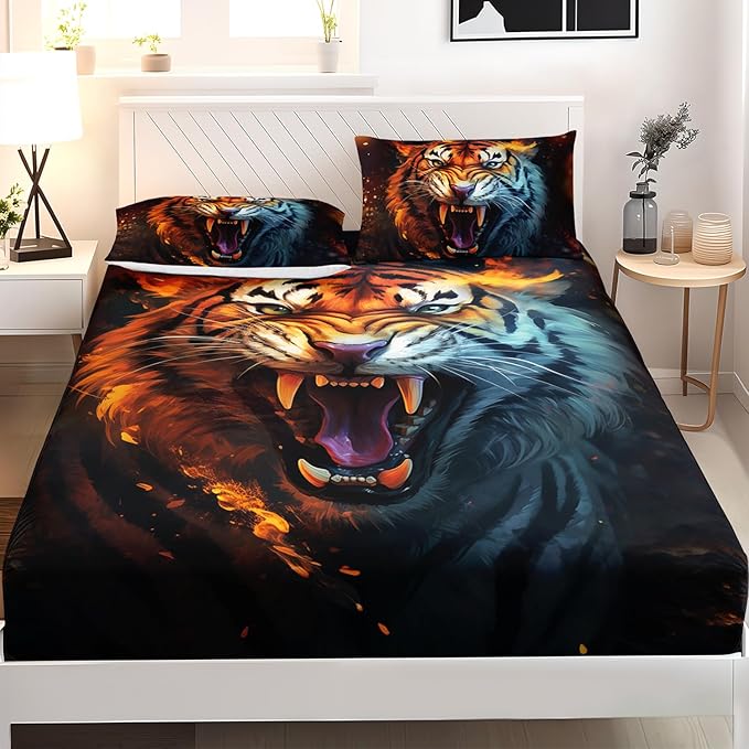 AILONEN Tiger Fitted Sheet Set Twin Size for Boys, Safari Tiger Bed Sheet Set for Kids Teen,3 Pieces Wildlife Bedding Flame Animal Tiger Print Fitted Sheet with 2 Pillowcases