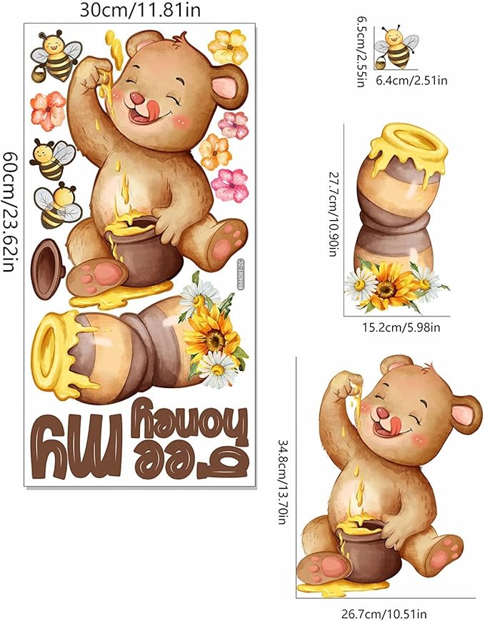 Cute Bear Bees Honey Jar Wall Stickers, sacinora Sunflower Cartoon Animal Bee My Honey Wall Decals Removable Vinyl Peel and Stick for Kids Baby Nursery Bedroom Kitchen Art Decoration