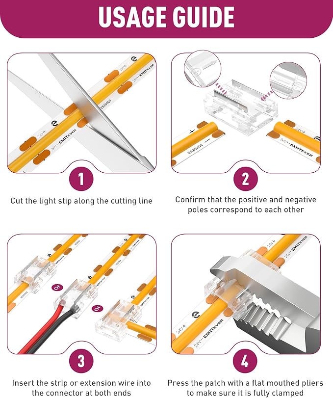 EMITEVER 8-in-1 LED Strip Connectors 12pcs, 2 Pin 8mm COB Tape Lights Terminal Connectors 8 Types Solderless Transparent Connection for 5V 12V 24V(Straight, Corner, Strip to Strip, Strip to Wire)
