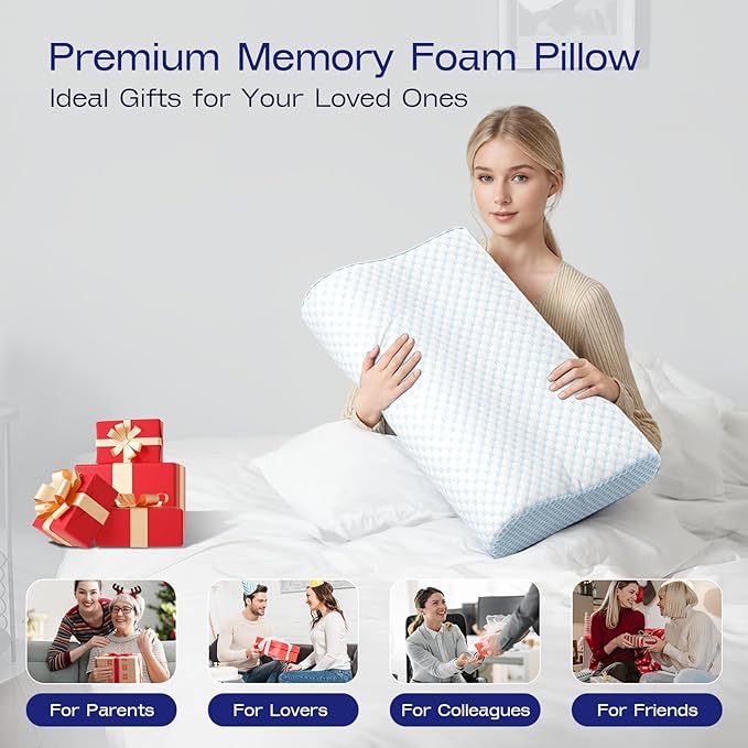 Memory Foam Contoured Pillow - 2 Hieghts Orthopedic Pillows for Neck Pain Relief- Soft Memory Foam Pillow for Sleeping- Ergonomic Pillows for Side, Back, Stomach Sleepers (Blue White)