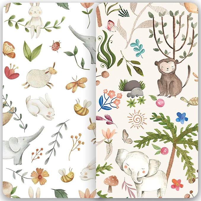 TotAha Crib Sheets for Boys Girls, Premium Soft Crib Mattress Fitted Sheet, Super Stretchy Jersey Knit Baby Sheets, Silky Comfort Baby Bed Sheets 28x52x9 Extra Deep Pocket, 2 Pack (Happy Zoo & Jungle)